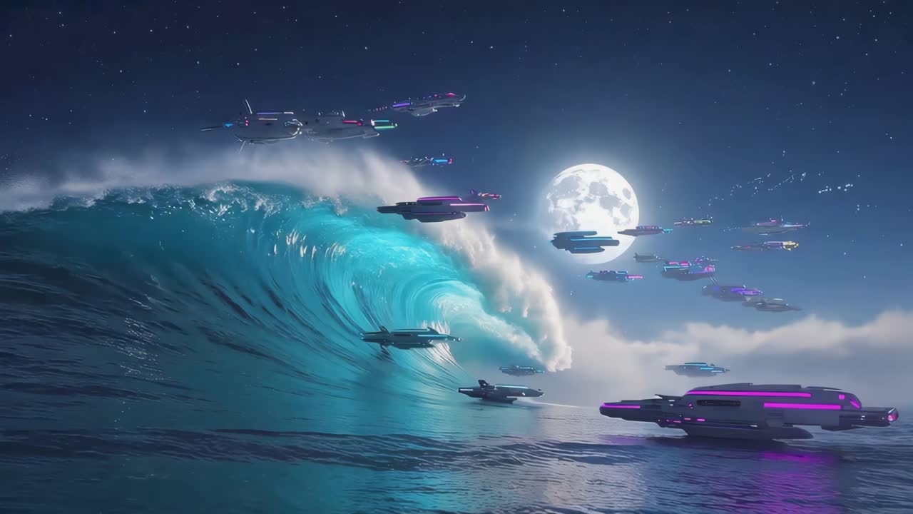 Spaceships riding a giant wave under the moon