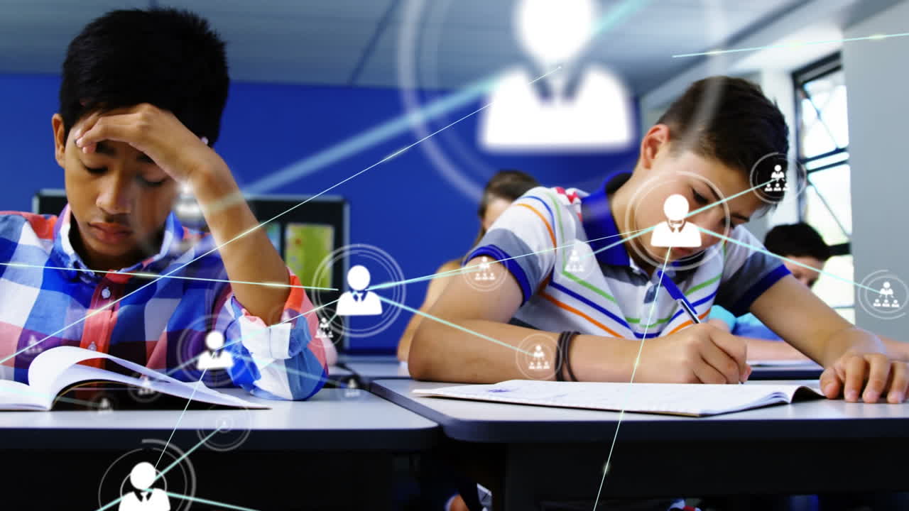 교실에서 다양한 학생들에 대한 아이콘으로 연결된 네트워크의 애니메이션