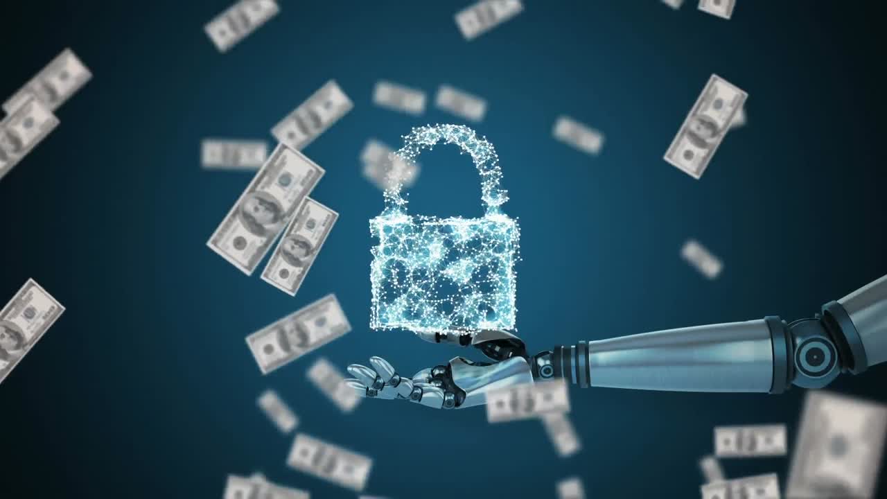 미국 달러가 떨어지는 로 ⁇  손에 대한 사이버 보안 아이콘