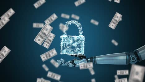 iconos de seguridad cibernética sobre manos robóticas contra dólares estadounidenses cayendo