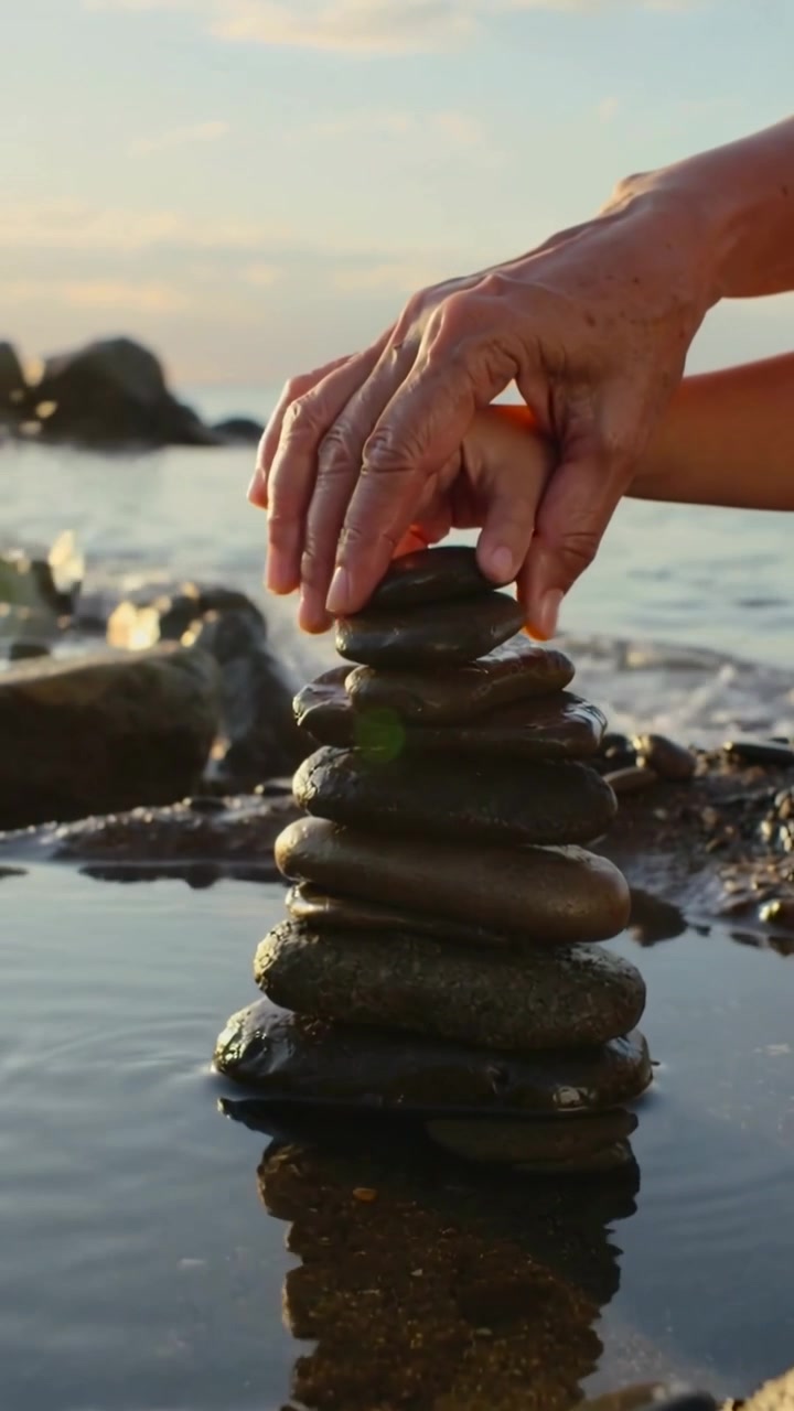 Video verticale: Mano adulta che insegna alla mano di un bambino ad allineare pietre piatte sulla riva al tramonto.