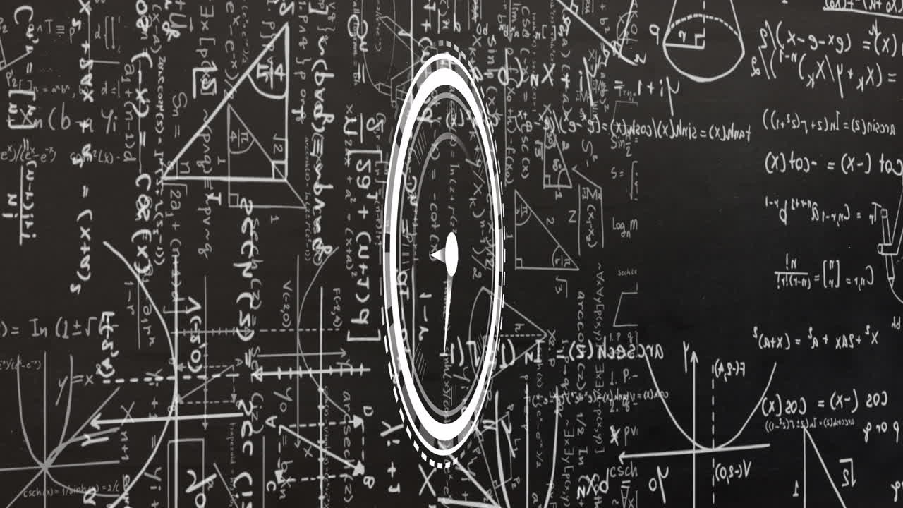 animación de reloj moviéndose sobre fórmulas matemáticas en fondo negro