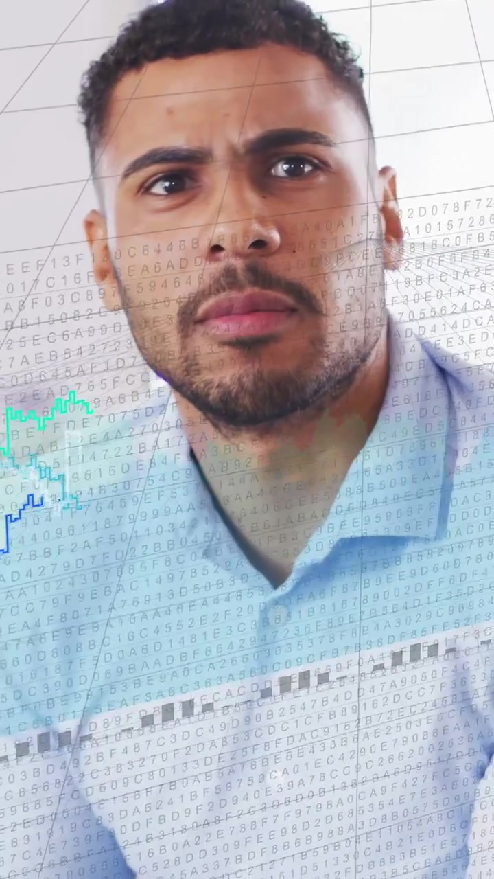 Vertical video: Man talking data while code and graphs moving over chest, causing leaning, pointing