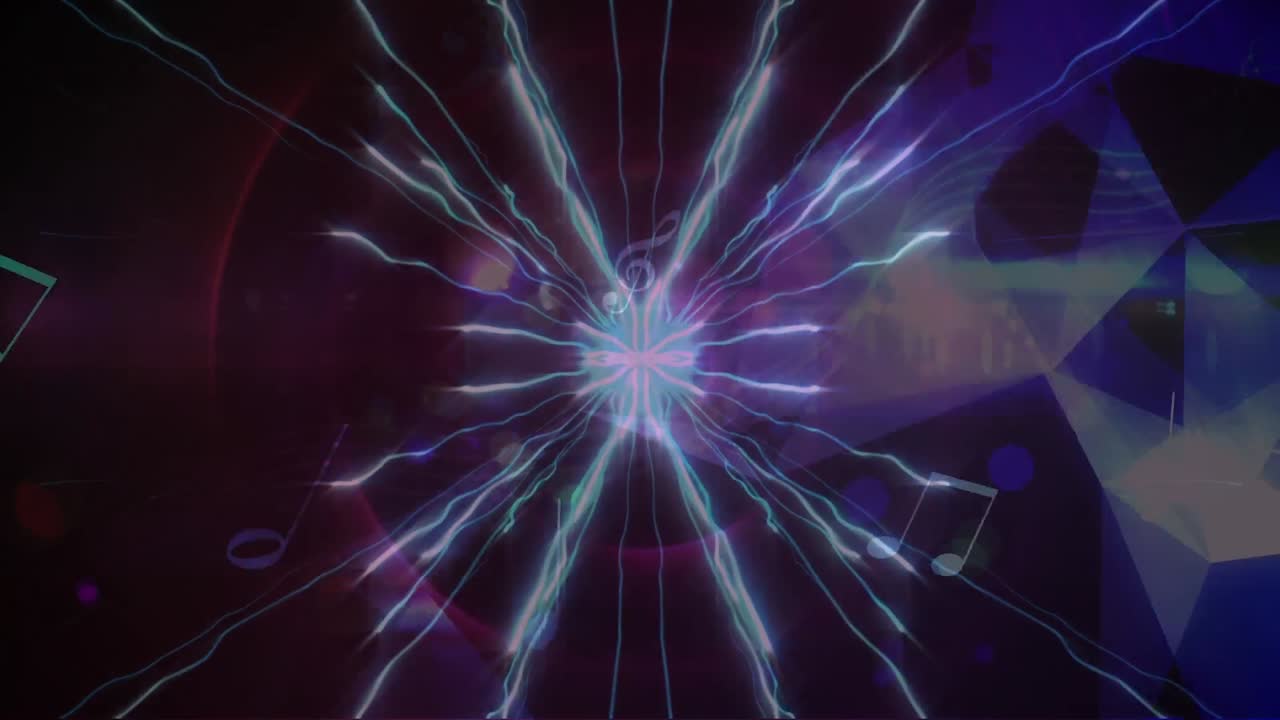 animación digital de ondas digitales azules y elementos musicales flotando contra un fondo púrpura
