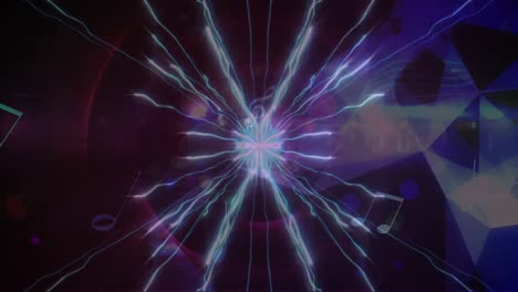 digital animation of blue digital waves and musical elements floating against purple background