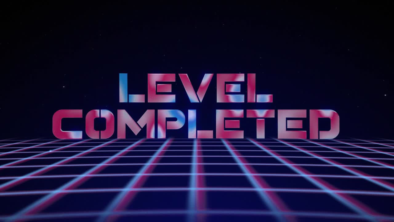 Synthwave wireframe net 80s with text LEVEL COMPLETED. Retro futurism background. 3d illustration render seamless loop. 4k