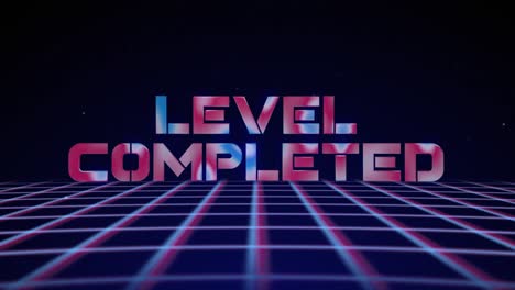 synthwave wireframe net 80s with text level completed. retro futurism background. 3d illustration render seamless loop. 4k