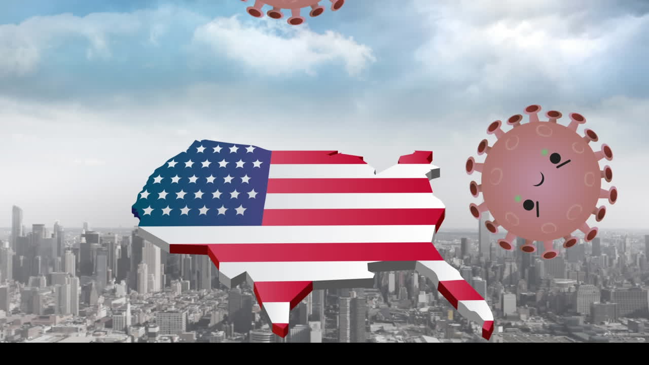 도시 풍경 위에 미국  ⁇ 발로 색칠된 미국 텍스트의 애니메이션