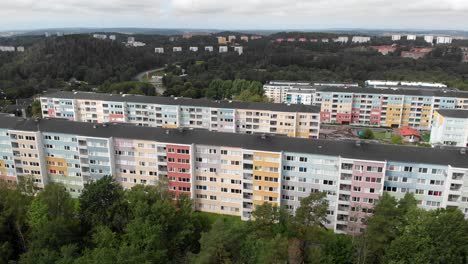 aerial view of siriusgatan, gothenburg, sweden, colorful residential apartments in lined buildings, panoramic drone shot