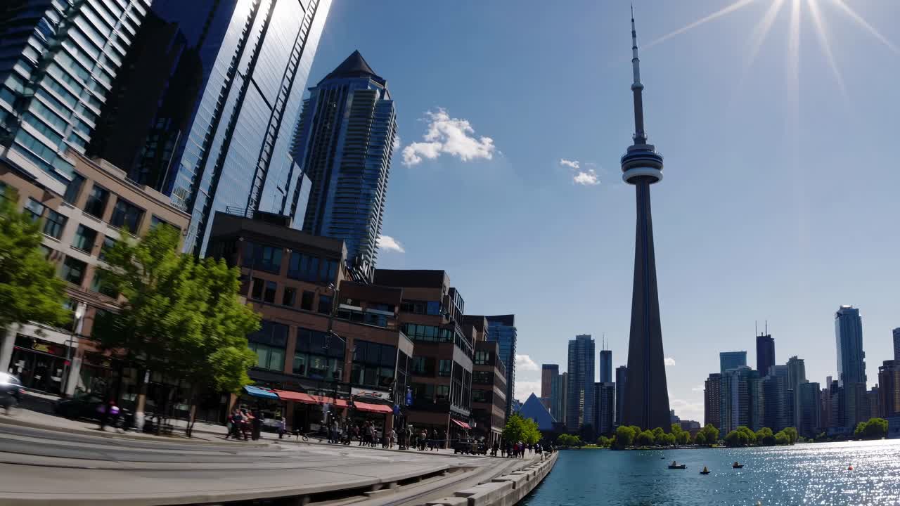 Una ripresa video grandangolare cattura lo skyline di una città con moderni grattacieli sotto un sole splendente.