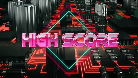 Highscore-Text-Auf-Neonquadraten-Vor-Nahaufnahme-Von-Mikroprozessoranschlüssen-Auf-Der-Hauptplatine