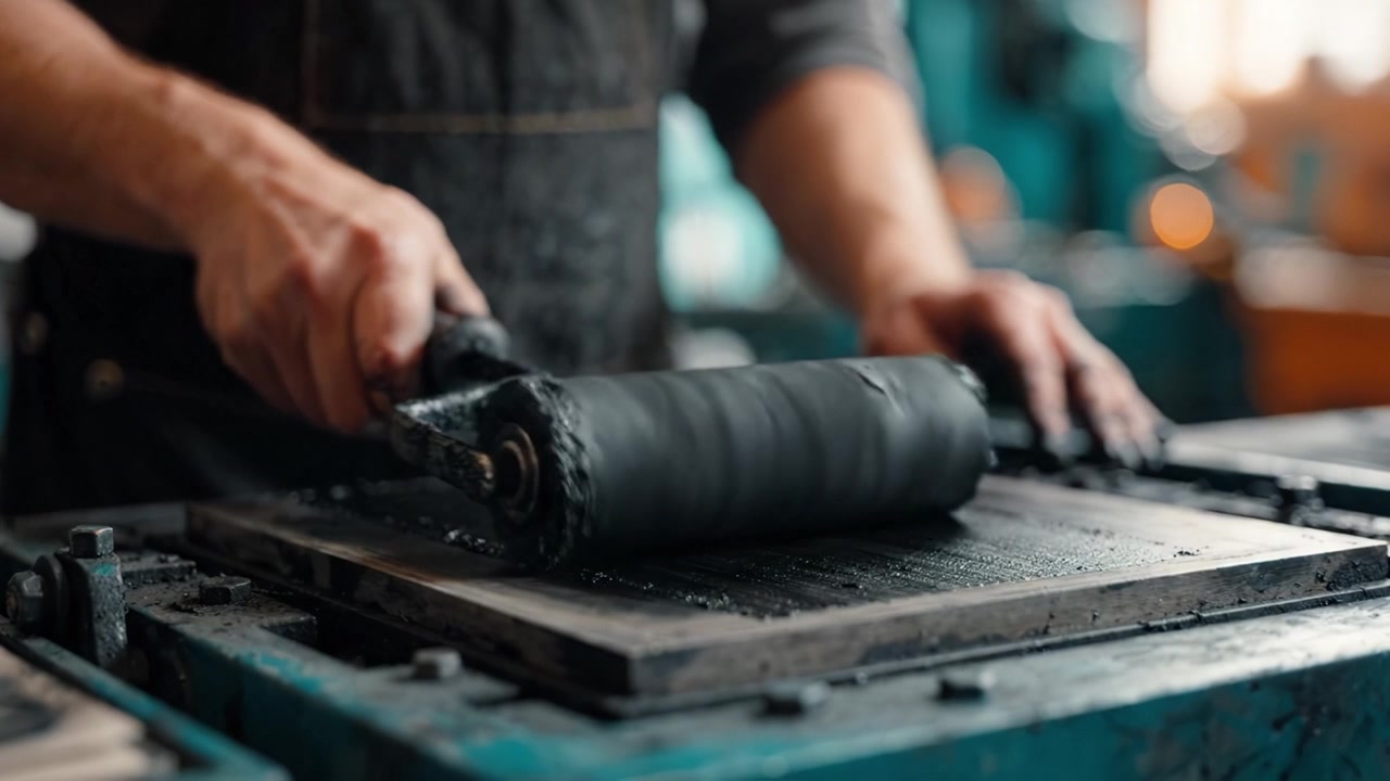 Ein Handwerker trägt mit einer Walze Tinte auf eine Druckplatte auf und präsentiert traditionelle Techniken in einer lebhaften Werkstatt voller Werkzeuge und Kreativität