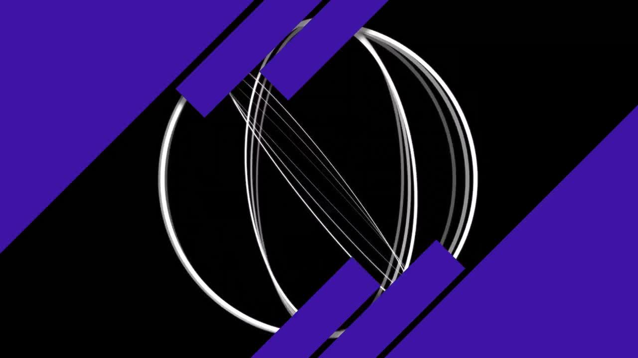 Animation of white rings rotating, with purple rectangles, on black background