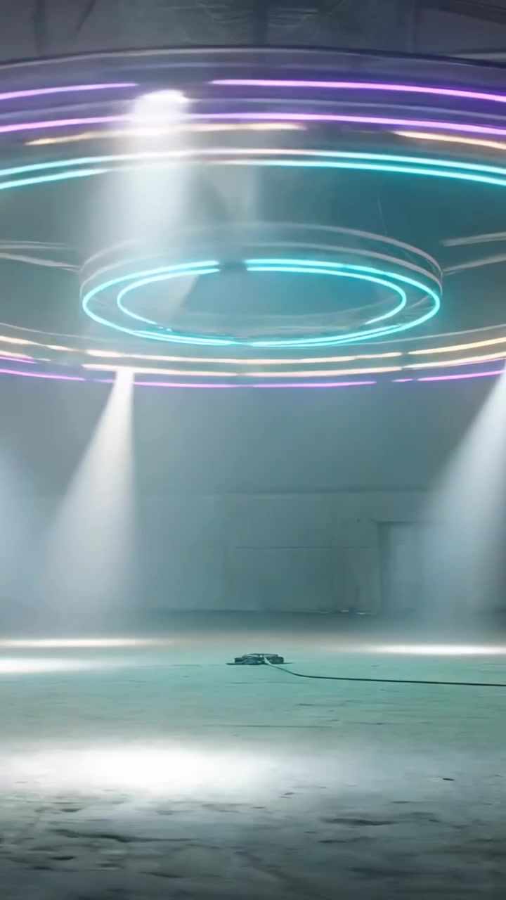 Video verticale: Anelli al neon rotanti proiettano due fasci di luce in un hangar vuoto, con scatola elettrica e cavo.