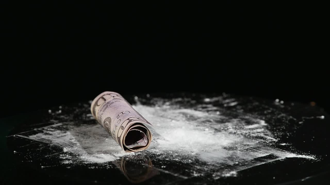 검은색 바탕에 움직이는 서브우퍼에 밀가루와 휘어진 지폐