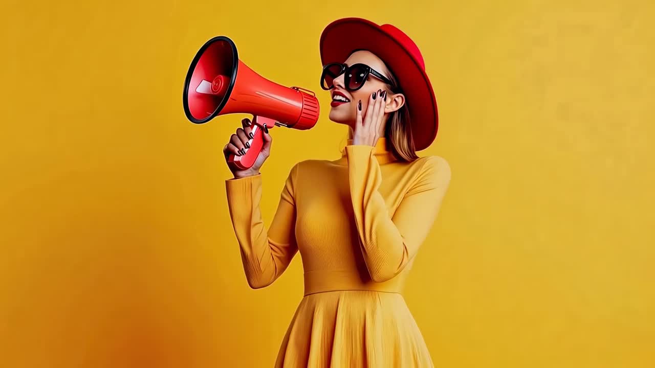 Donna elegante con cappello rosso e occhiali da sole che tiene in mano un megafono su sfondo giallo