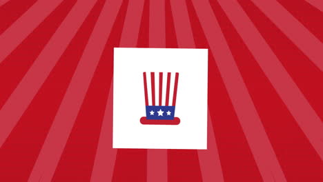 animación de sombrero en rojo, blanco y azul de los estados unidos de américa sobre rayas rojas