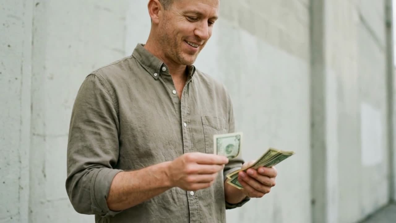 Homem feliz contando notas de dólar americano ao ar livre.
