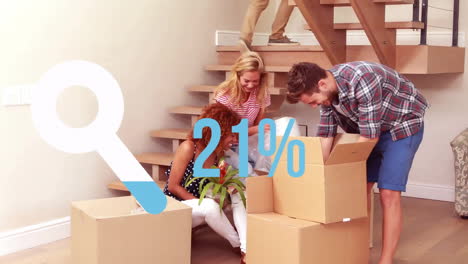 animation of loop icon and percent in blue over diverse couple moving in with cardboard boxes