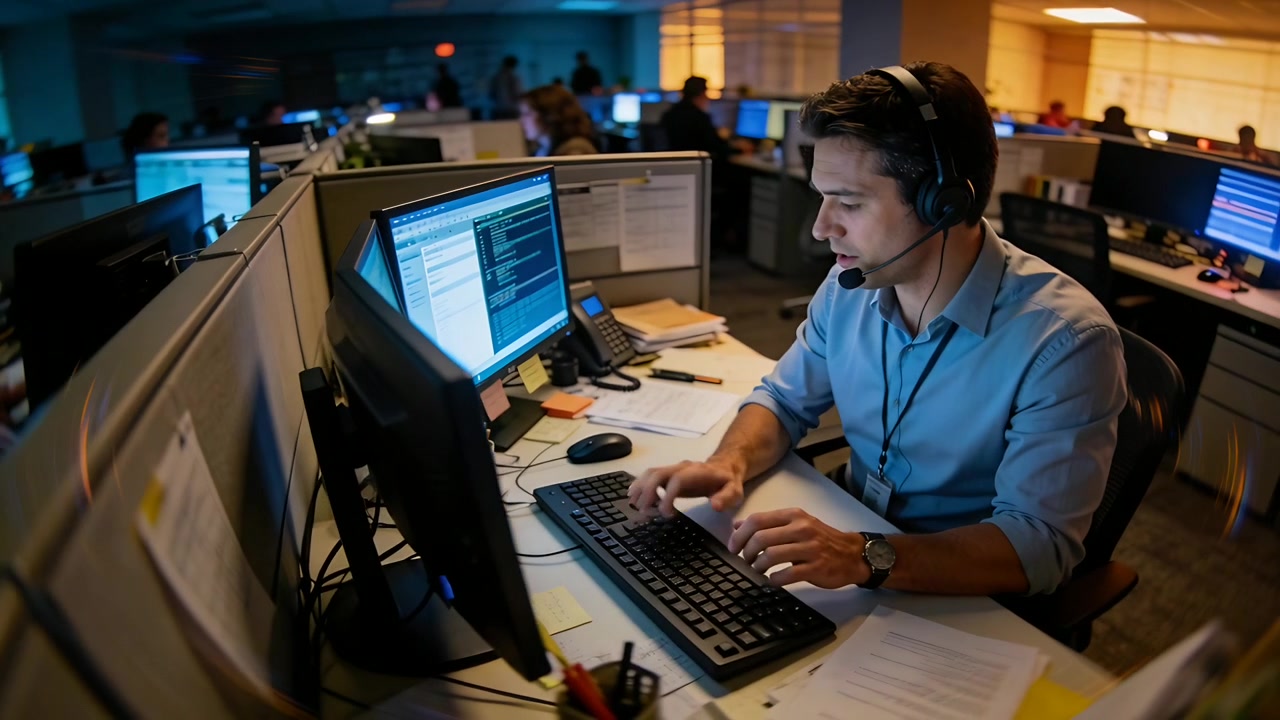 Receiving call, blue-shirted worker typing, talking on headset at open office, monitors, copy space