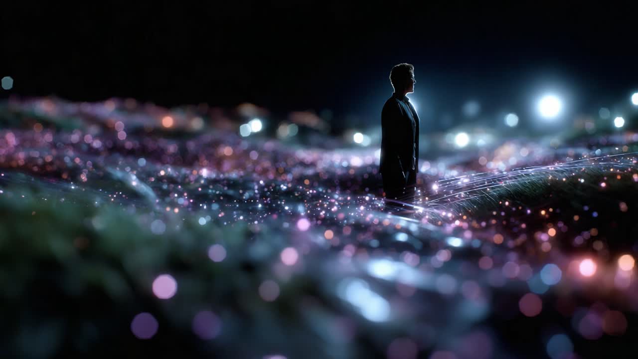 A solitary figure stands amidst a surreal landscape illuminated by vibrant, glowing particles, creating a dreamlike atmosphere of wonder and exploration at night