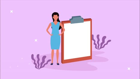 elegante mujer de negocios con lista de comprobación clipboard animación