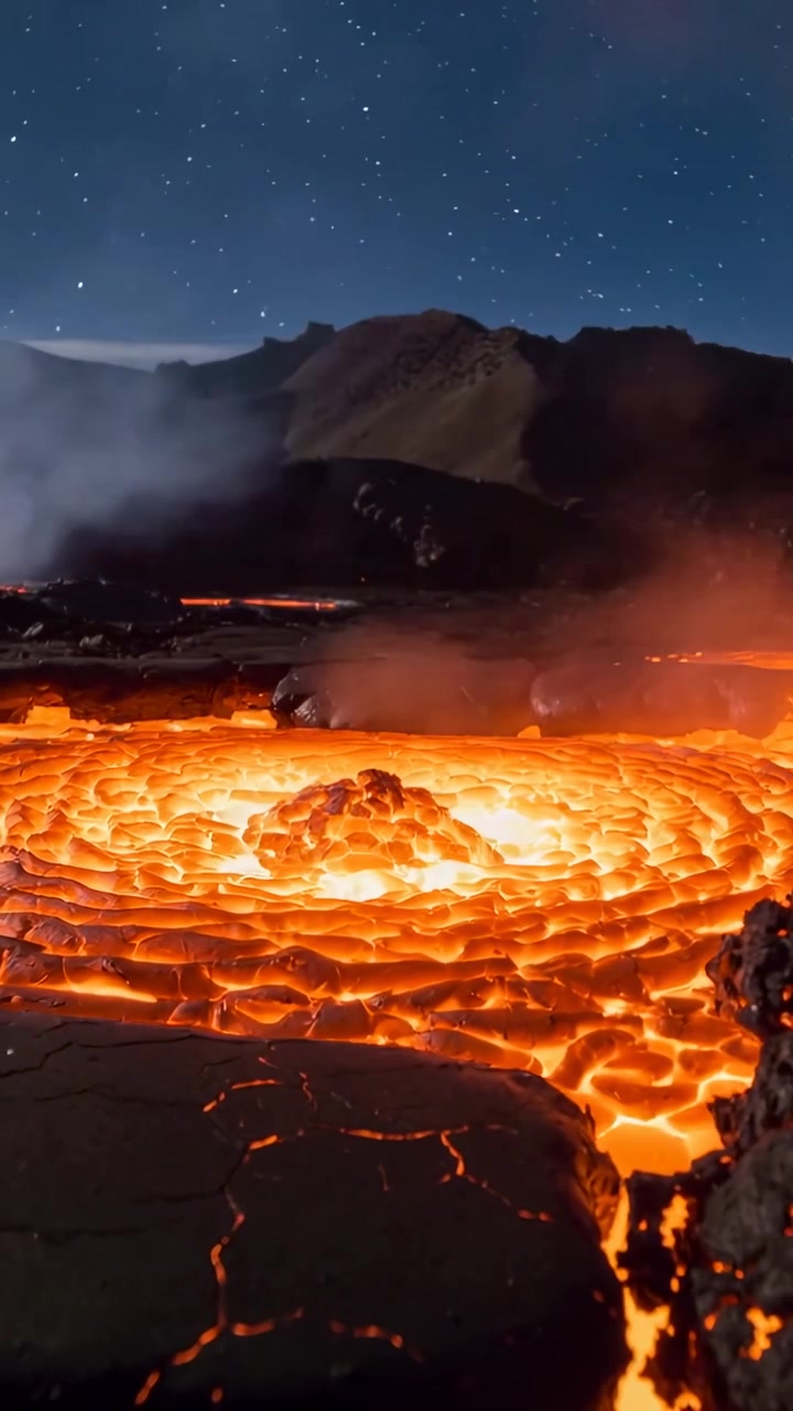 Vertical video: Glowing molten lava pool churning with pahoehoe textures at night