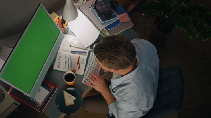 Satisfied man texting mockup computer at home. Top view freelancer chatting