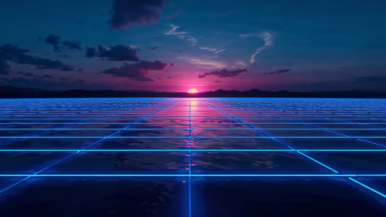 Stigende magenta sol, der bevæger sig opad, centreret neongulv, der reflekterer voksende lyserødt lys ved kysten