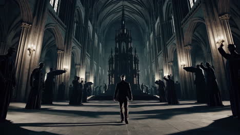 a man walks through a dark cathedral