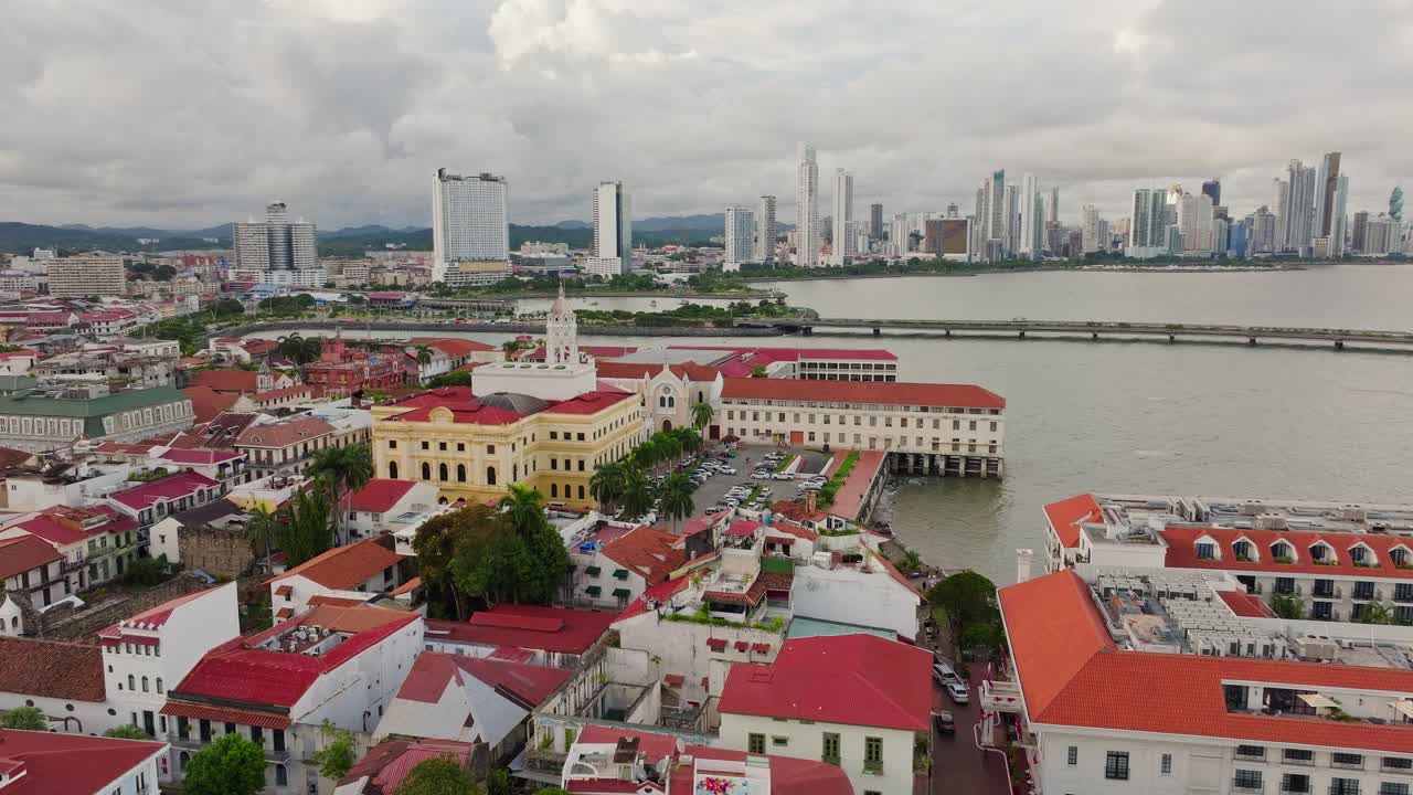 Drone shot overlooking Panama's Old Town, the coastal strip 3, and the city