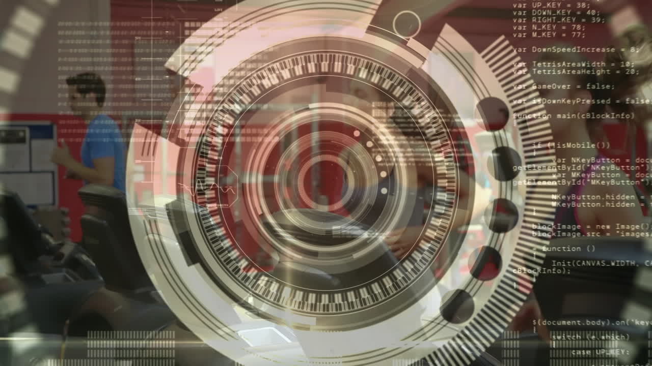 animación de escaneo de alcance y procesamiento de datos sobre personas que usan cintas de correr en el gimnasio