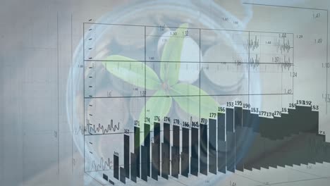 animación del procesamiento de datos financieros sobre monedas y planta sobre fondo blanco
