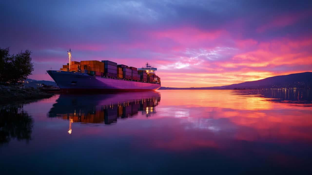 Container ship at sunset