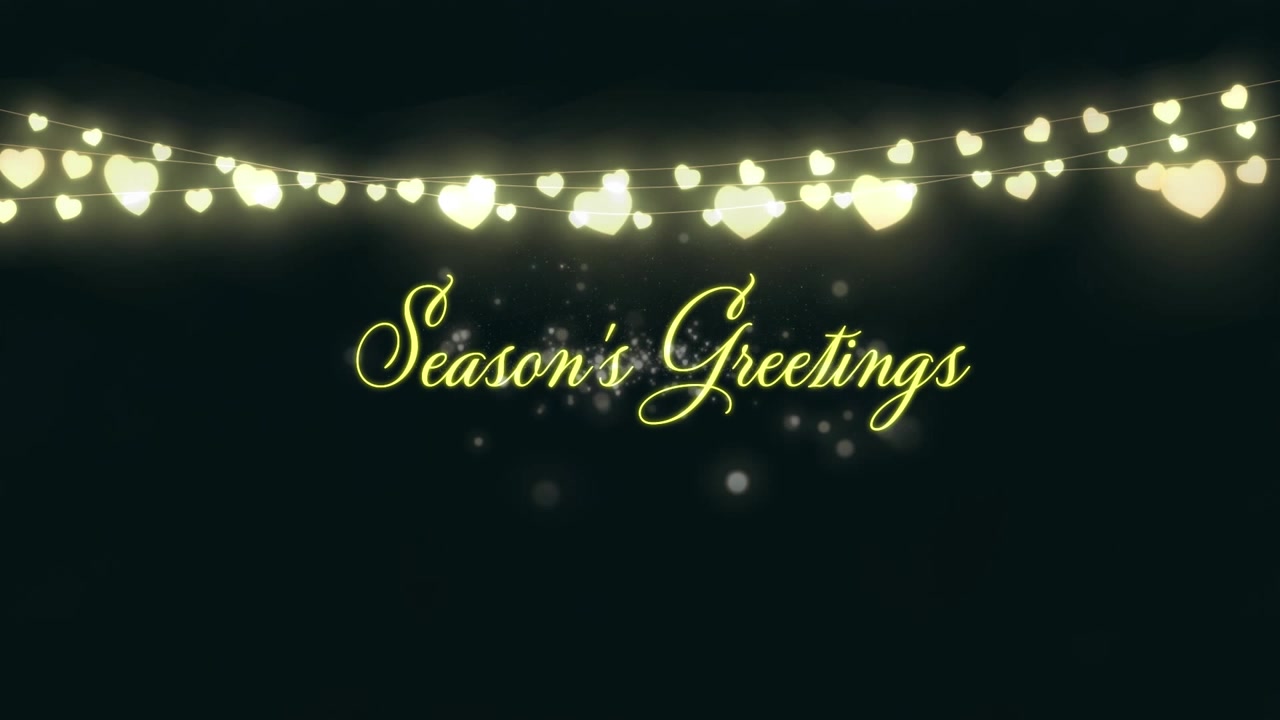 Season's Greetings Text Animation with Glowing Heart String Lights