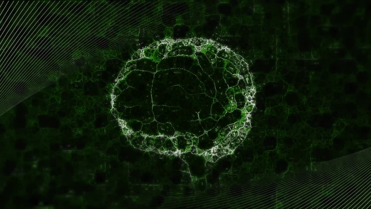 Animation of digital brain over moving shapes on black background