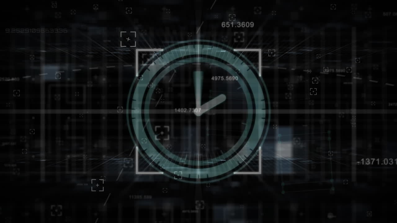 animación del escáner con reloj de movimiento rápido y alcance de procesamiento de datos en fondo negro