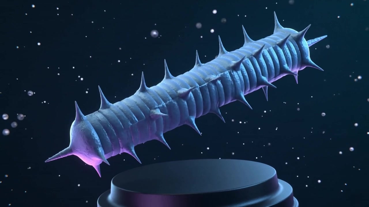 Sequenza che inizia, con un modello 3D tubolare appuntito che ruota sopra un piedistallo tra particelle stellari, mostrando la forma.