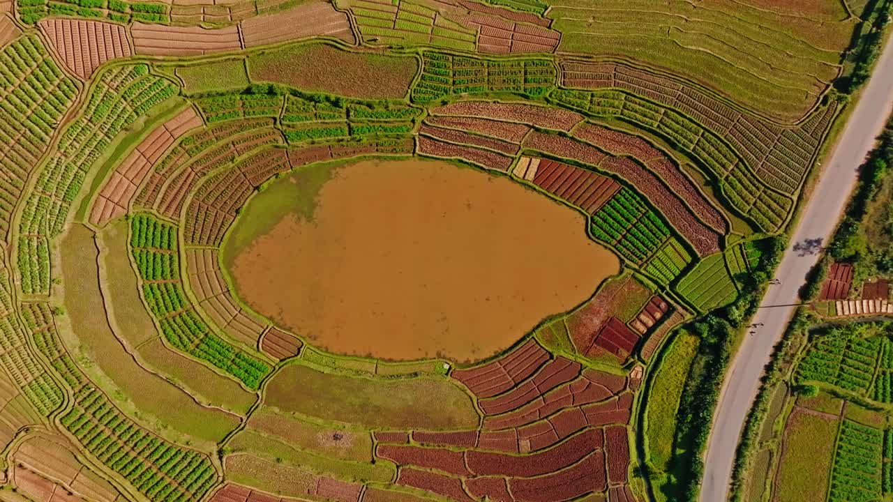 Drone shot of a vibrant patchwork of terraced agricultural fields surrounding an irrigation pond, capturing the traditional farming landscape of Madagascar.