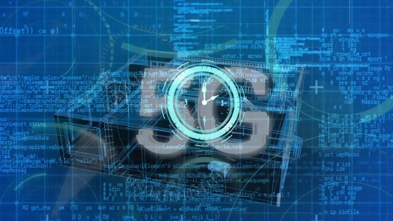 animación de reloj en movimiento y 5g sobre el proyecto de casa y procesamiento de datos