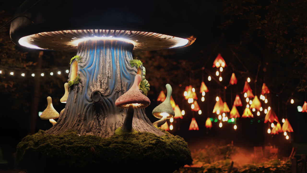 Whimsical glowing mushroom sculptures illuminate a magical garden with warm, dreamy lights
