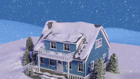 Animation-of-snow-falling-over-house-covered-in-snow-and-winter-landscape-background