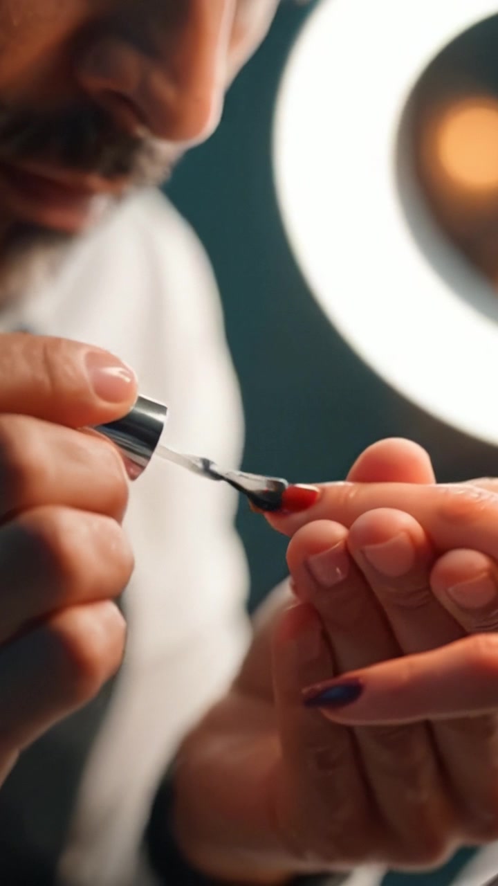 Applicazione esperta di unghie in corso: Creazione di nail art intricata con precisione e cura, mostrando tecniche abili per unghie perfettamente lucidate
