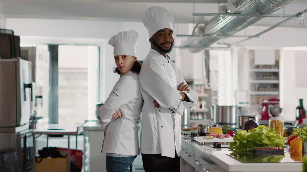 Portrait of man and woman chefs working on gourmet cuisine