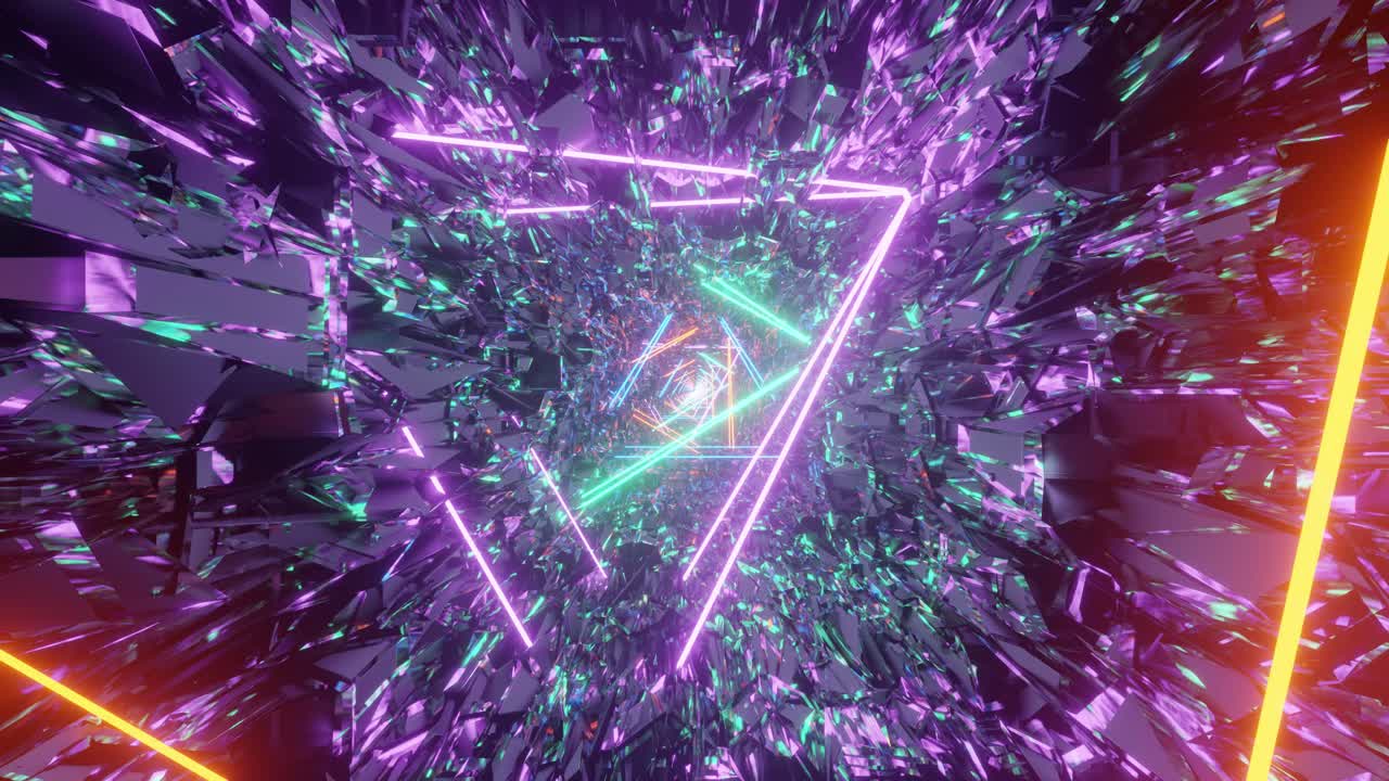 vuelo a través de un entorno futurista de efecto calidoscopio 3d con patrones de luz de neón brillante y triángulos