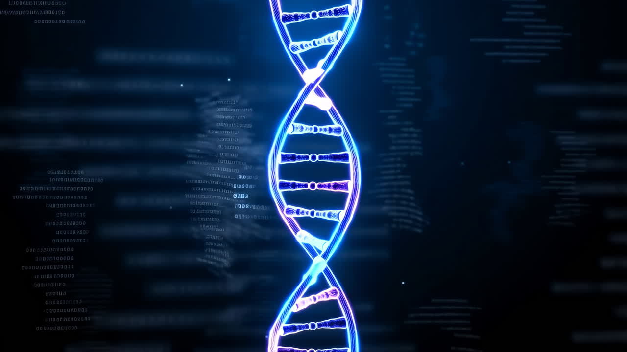 Glowing DNA Double Helix with Digital Code Background