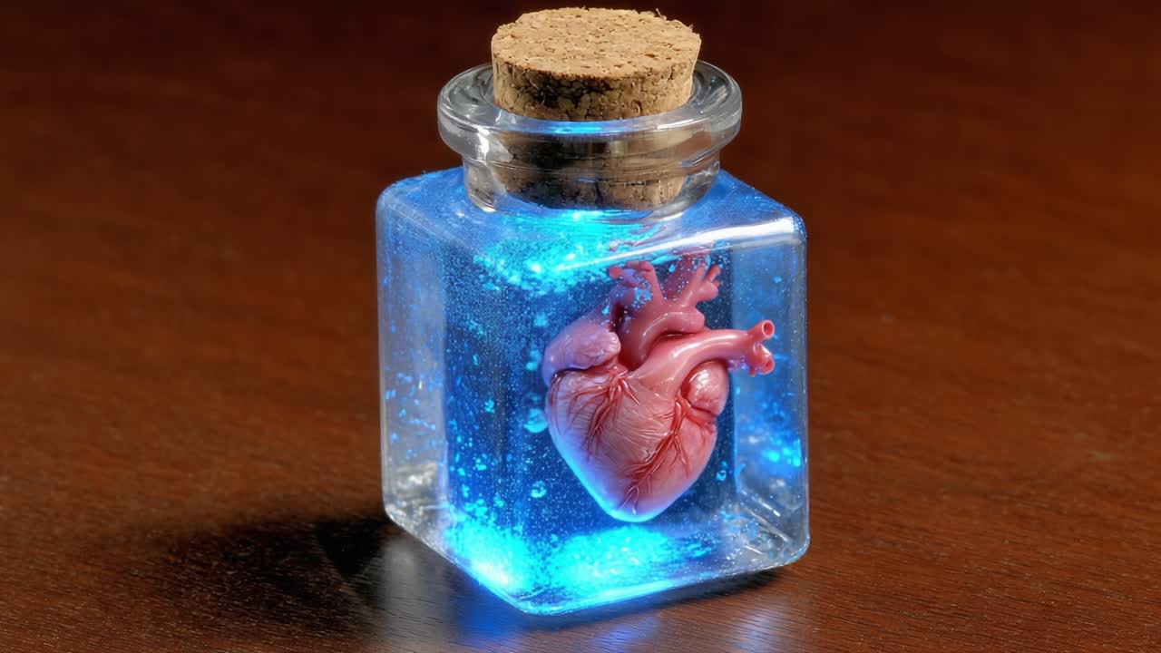A Stunning Close-Up of a Preserved Heart in a Glass Jar, Illuminated by Blue Light, Showcasing Intricate Details Within a Captivating Display of Artistry and Science
