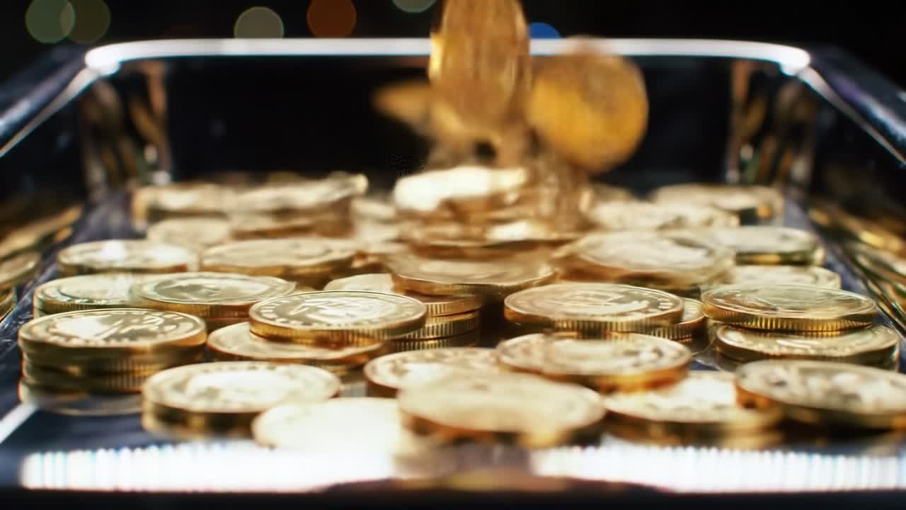A Captivating Display of Shimmering Coins in a Tray, Showcasing Their Gleam and Abundance Against a Softly Lit Background