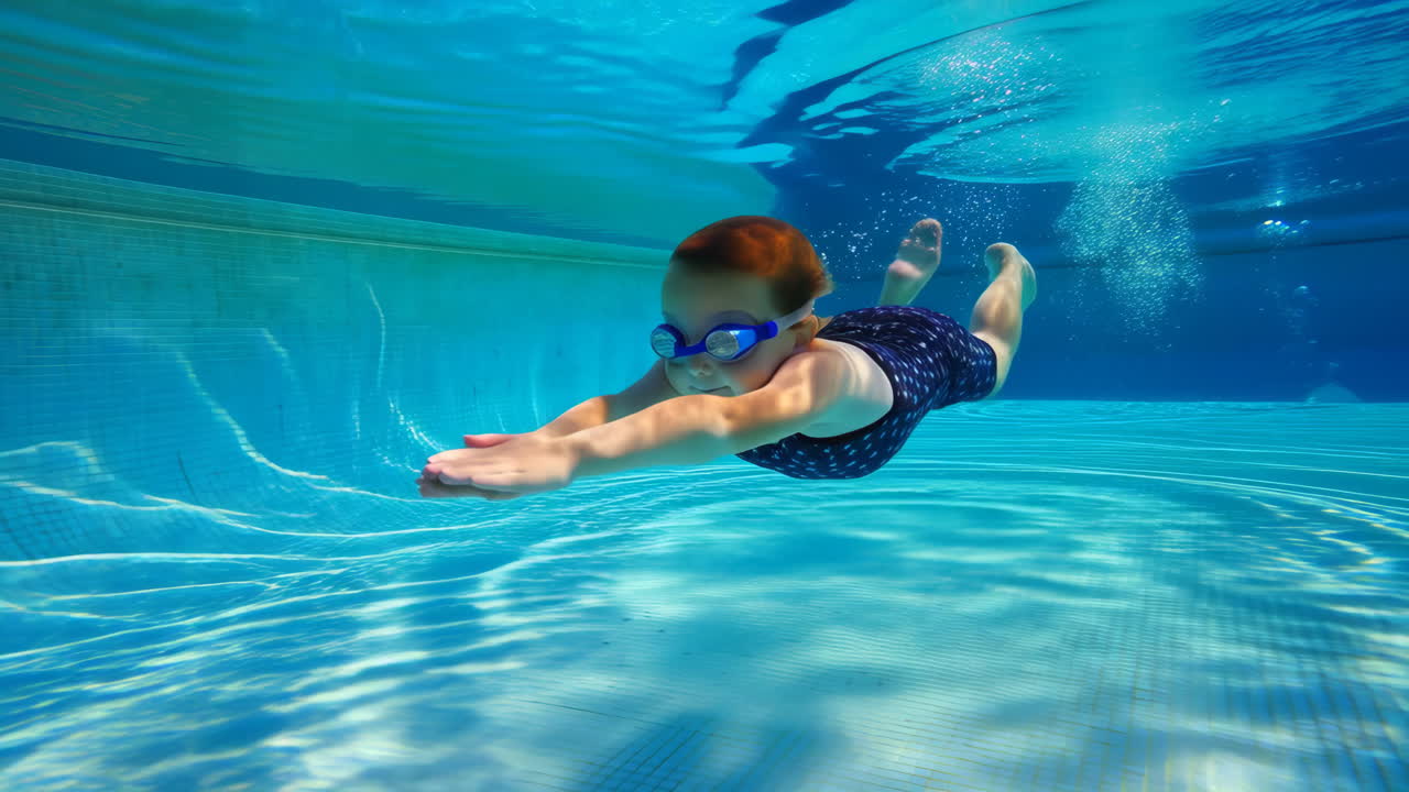 Young child swimming underwater in a blue pool
