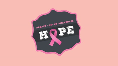 animation of pink ribbon logo and breast cancer text appearing on pink background